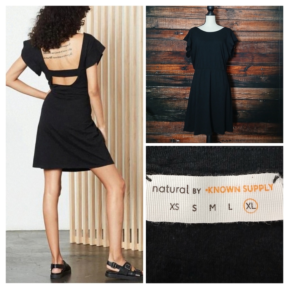 NWT Known Supply Dress XL Arrow Black Organic Cotton Open Back Flutter Sleeve